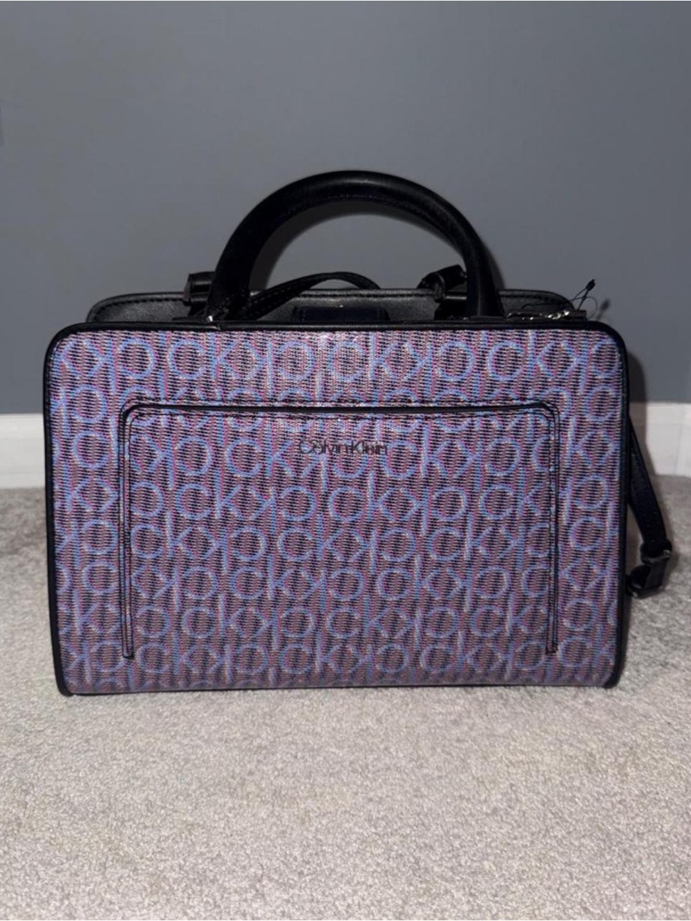 Calvin Klein Margot Textured Logo Emboss Satchel in the Blue Multi Logo